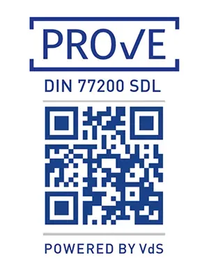Zertifizierungssiegel PROVE für Sicherheitsdienstleistungen nach DIN 77200 SDL mit QR-Code, powered by VdS